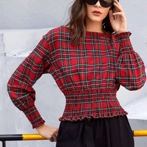 New Plaid Shirred waist frill hem Top